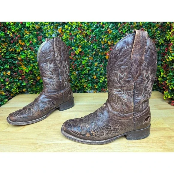 Corral Vintage A2160 Python Inlay Cowboy Western Boots Shoes Chocolate Men 8+8.5